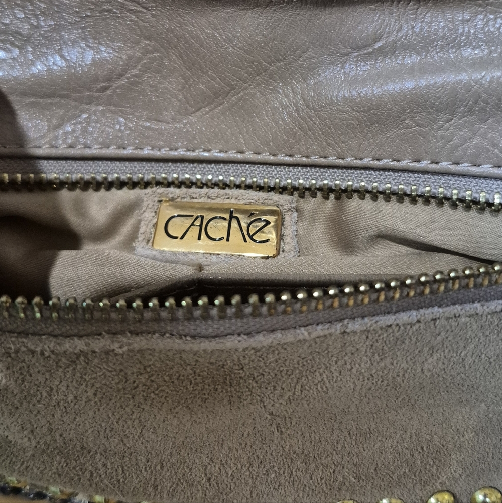 Cache Tan Leather Gold Beaded Rhinestone Wristlet - Picture 11 of 14